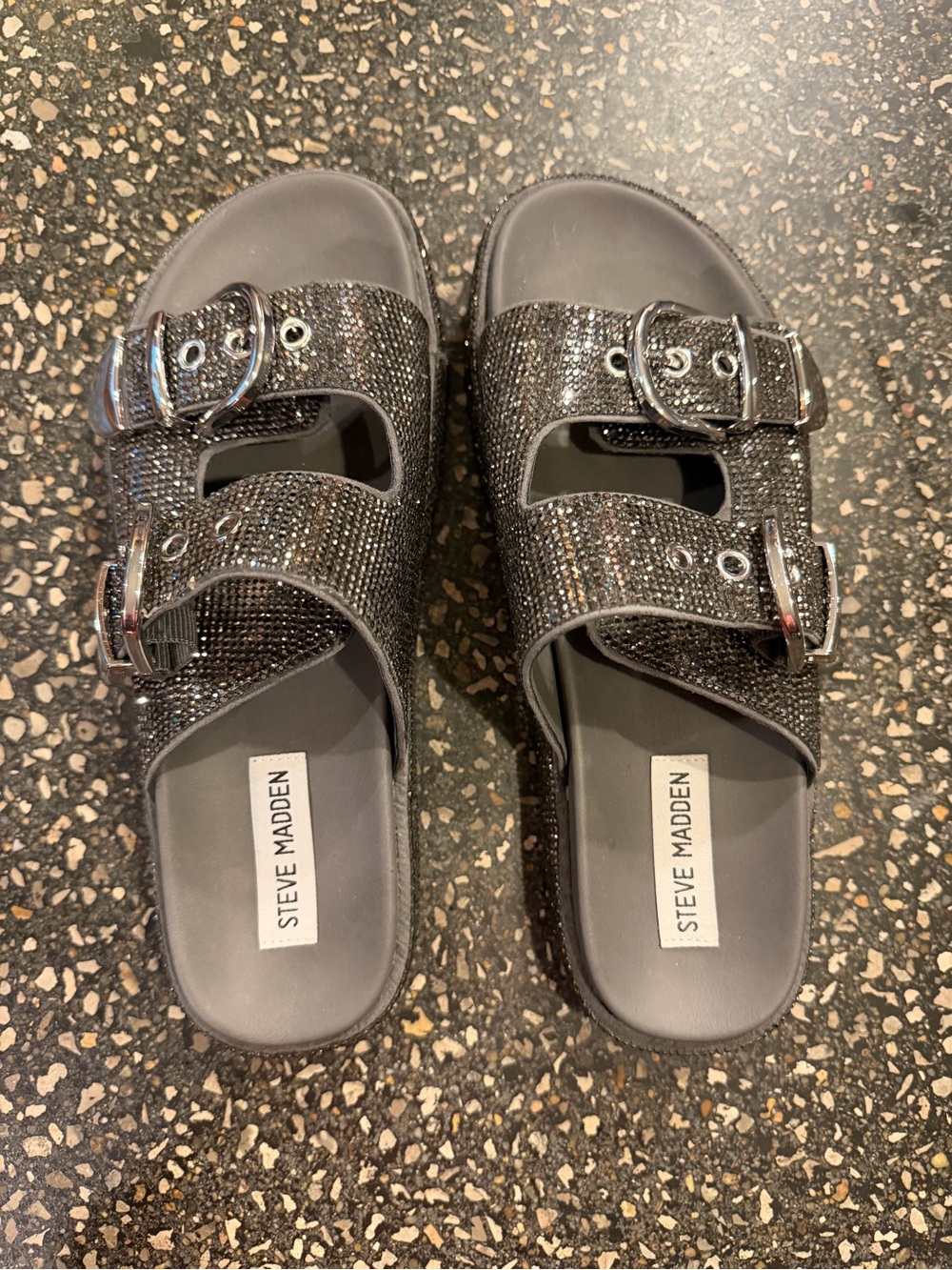 Steve Madden Black Sparkle Double-Buckle Slide Sandals